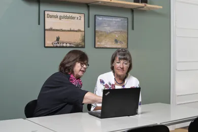 To aeldre kvinder sidder foran en computer