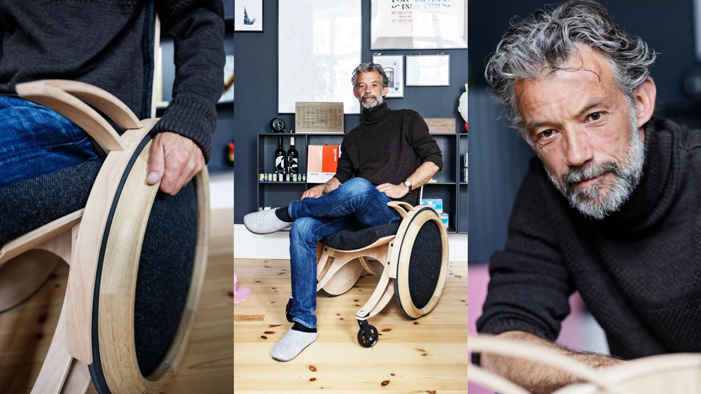 Collage af Sophus Bang og hans selvdesignede koerestol