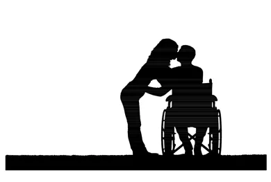 En skitse af en kvinde, som kysser en mand i en koerestol.